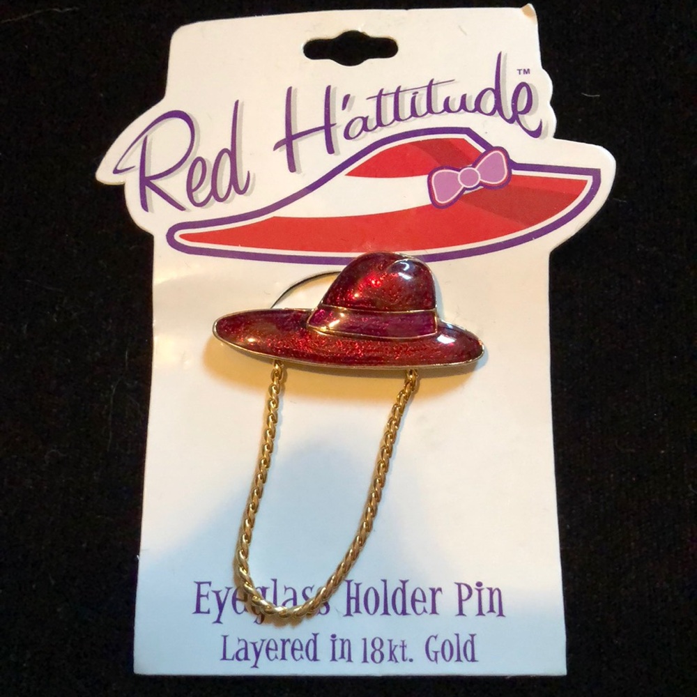 ✅ Red Hat Society Eyeglass Holder Pin 18kt Gold
